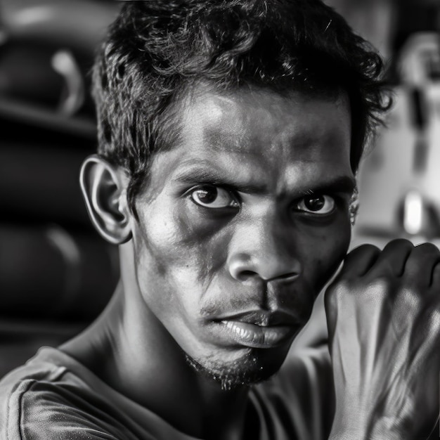 Retrato de un joven mirando a la cámara en blanco y negro