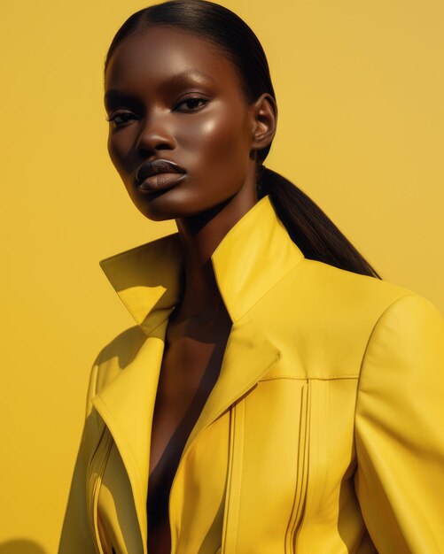 Retrato de una joven modelo afroamericana vistiendo ropa amarilla