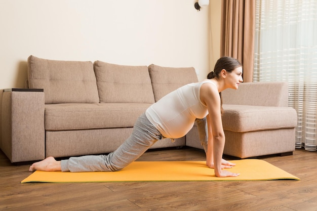 Retrato de una joven modelo de yoga embarazada trabajando en el hogar Concepto de yoga y fitness para embarazadas en tiempos de coronavirus