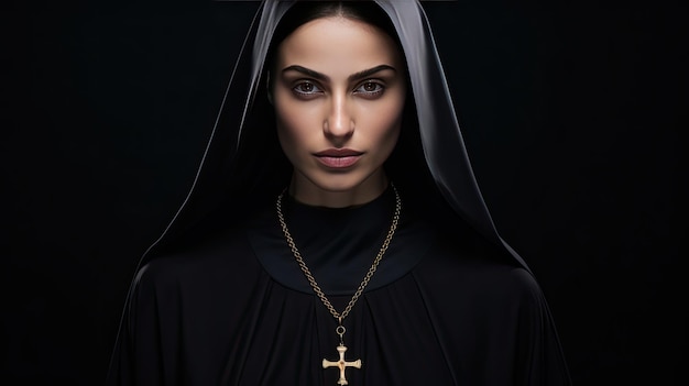 Retrato de una joven monja con una gran cruz dorada sobre un fondo negro