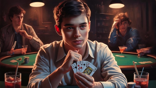 Retrato de un joven mostrando cartas de póquer