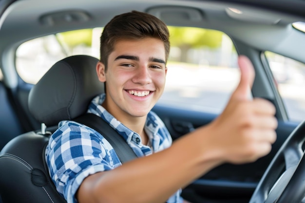 Retrato de un joven mostrando los pulgares hacia arriba mientras conduce un coche