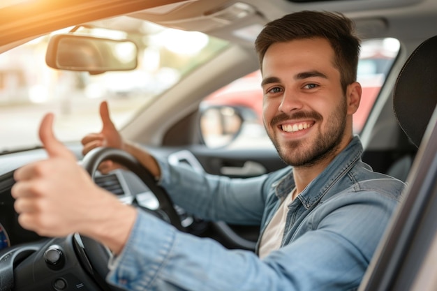 Retrato de un joven mostrando los pulgares hacia arriba mientras conduce un coche