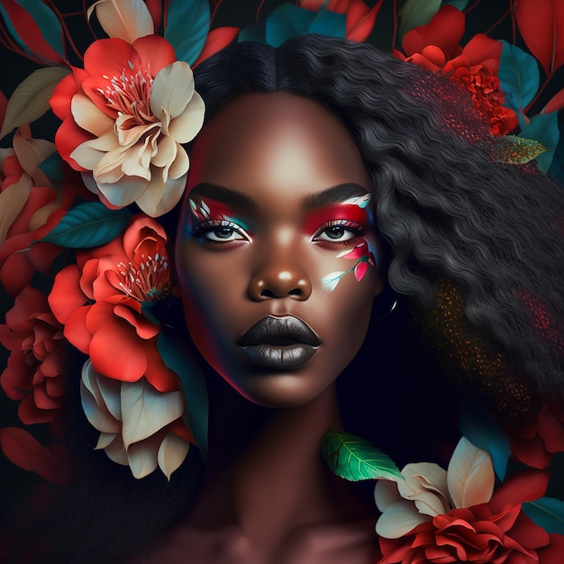 Retrato de joven mujer afroamericana sensual con flores en el cabello IA generativa