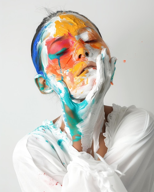 retrato de una joven mujer caucásica pintada con colores de malla y fondo blanco concepto de creatividad