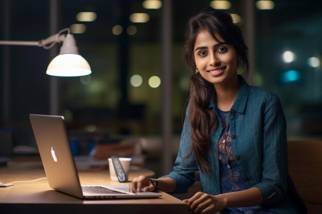 Retrato de una joven mujer de negocios blanca exitosa sentada en un escritorio trabajando en una computadora portátil en C