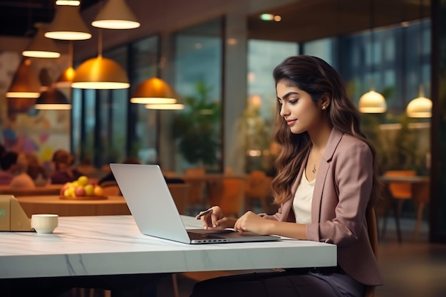 Retrato de una joven mujer de negocios blanca exitosa sentada en un escritorio trabajando en una computadora portátil en C