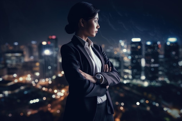 Retrato de una joven mujer de negocios con los brazos cruzados contra el fondo de la ciudad nocturna