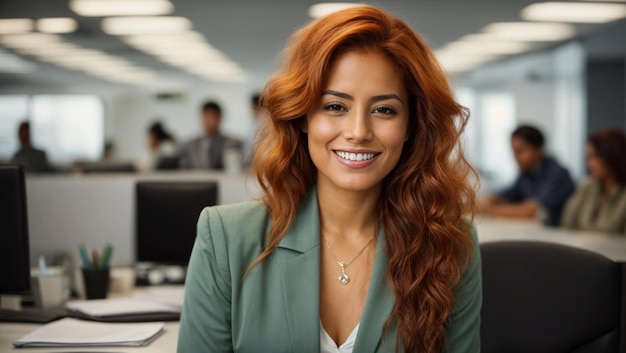 Retrato de una joven mujer de negocios hispana pelirroja sonriente sentada en el escritorio de una empresa moderna