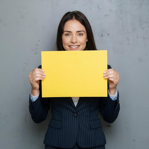 Retrato de una joven mujer de negocios mostrando el cartel amarillo en blanco sobre un fondo gris