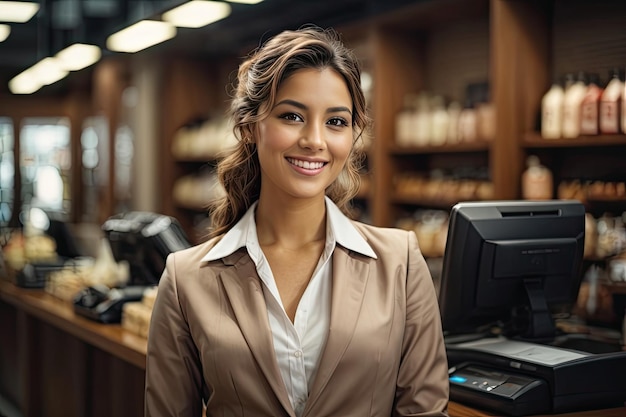 Retrato de una joven mujer de negocios de pie en la caja registradora en una cafetería