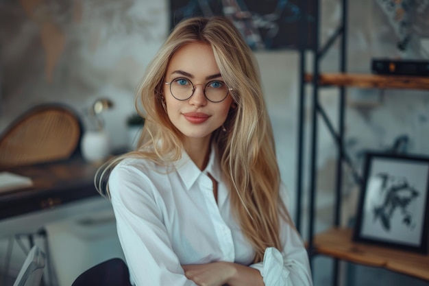 Retrato de una joven mujer de negocios sonriente con gafas sentada en el lugar de trabajo