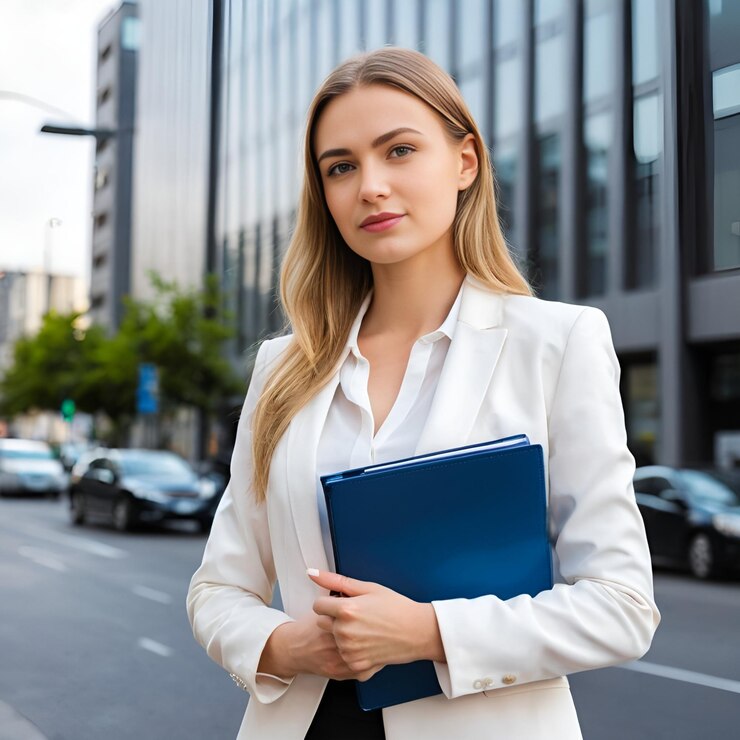 Retrato de una joven mujer de negocios sonriente