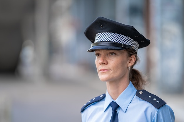 Retrato de una joven mujer policía en uniforme