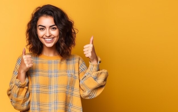 Retrato de joven mujer segura de sí misma con sombrero mostrando los pulgares para arriba Foto Gratis