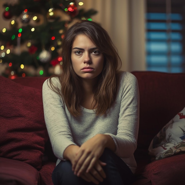 Retrato de una joven mujer triste sentada en casa en Navidad