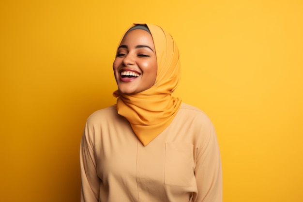 Retrato de una joven musulmana feliz usando hijab sobre fondo amarillo