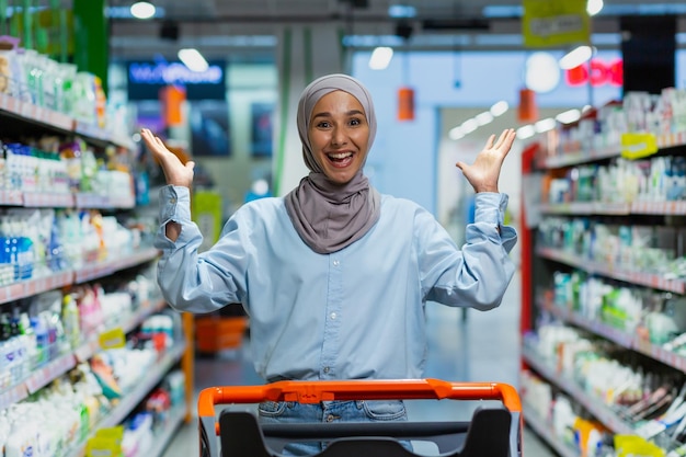 Retrato de una joven musulmana con hijab de pie en un supermercado en el departamento de productos químicos domésticos con un carrito de compras Muestra con sus manos mira a la cámara posa anuncios