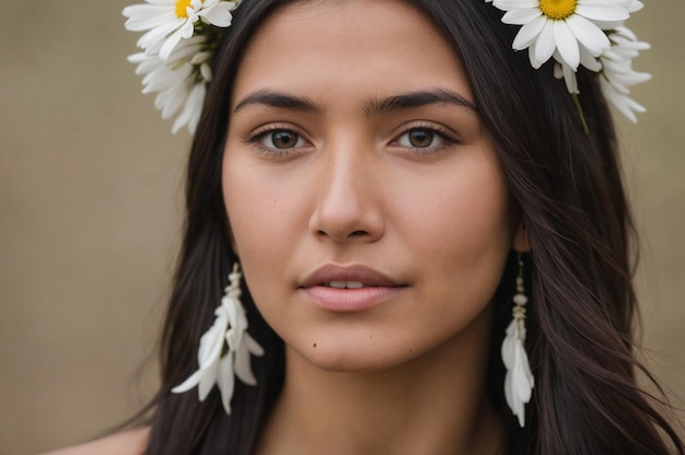 Un retrato de una joven nativa americana con margaritas frescas