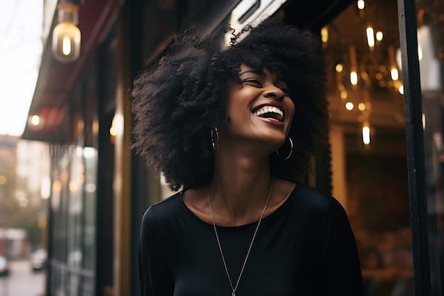 Retrato de una joven negra africana en la ciudad.