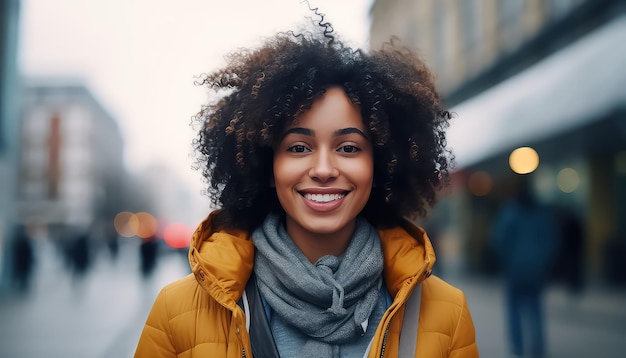 Retrato de una joven negra africana en la ciudad