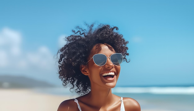 Retrato de una joven negra africana vestida de blanco en la playa