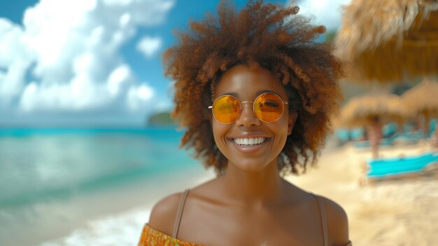 Retrato de una joven negra feliz relajándose en una silla de madera en una playa tropical