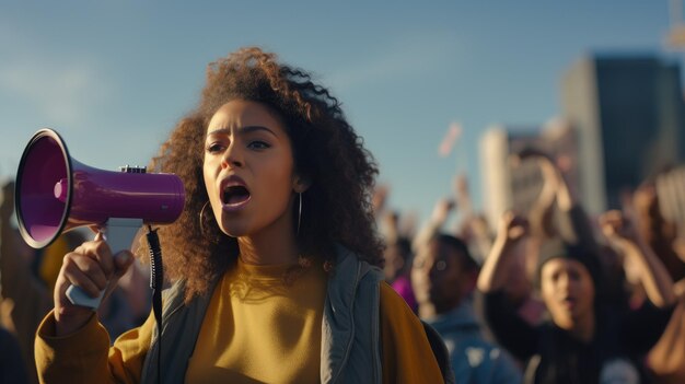 Retrato de una joven negra radicalizada una joven afroamericana está cantando sus demandas