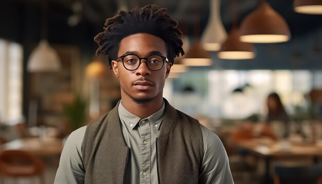 retrato de un joven negro con gafas en un restaurante