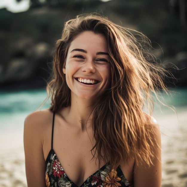 retrato, de, un, joven, niña bonita, en la playa