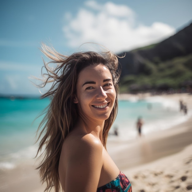 retrato, de, un, joven, niña bonita, en la playa