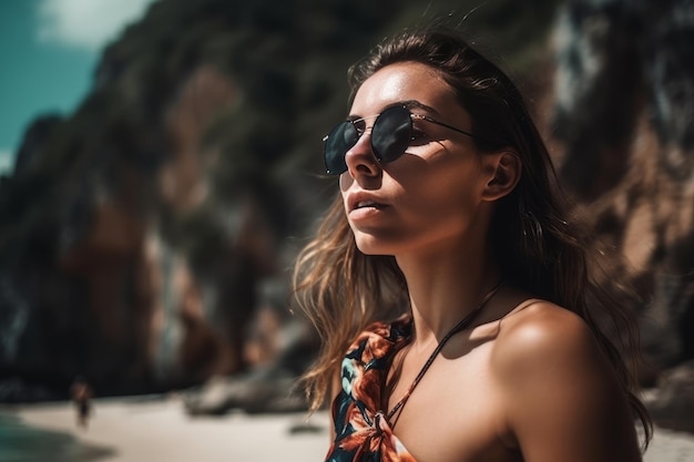 retrato, de, un, joven, niña bonita, en la playa