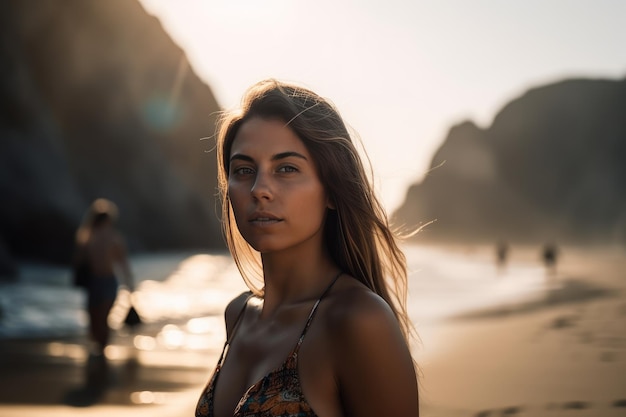 retrato, de, un, joven, niña bonita, en la playa