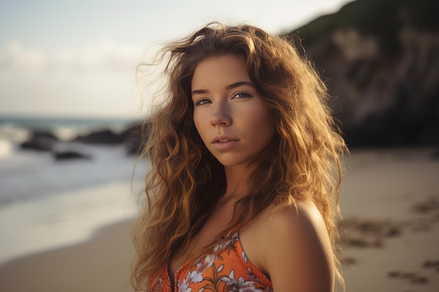 retrato, de, un, joven, niña bonita, en la playa