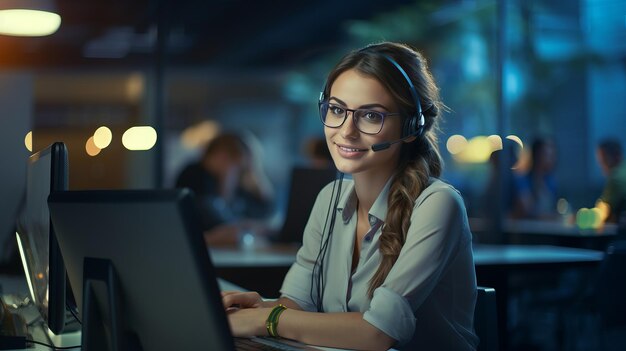 Retrato de una joven operadora de centro de llamadas caucásica sonriente que trabaja con un auricular