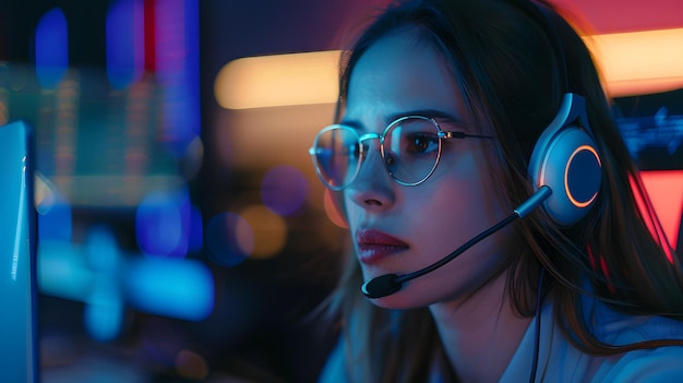 Retrato de una joven operadora de un centro de llamadas generada por IA