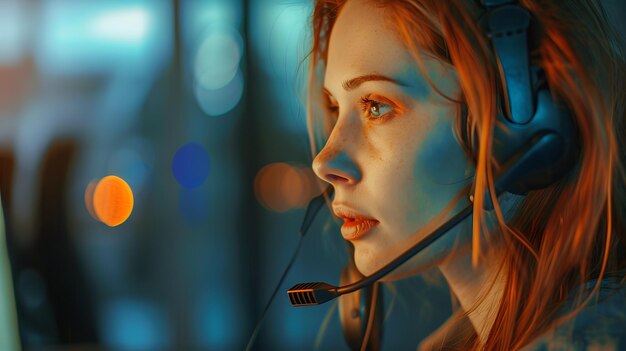 Retrato de una joven operadora de un centro de llamadas generada por IA