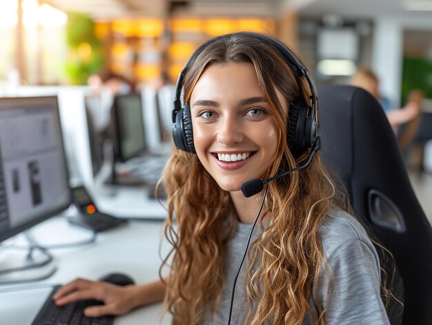 Foto retrato de una joven operadora telefónica de atención al cliente feliz con auriculares sonriendo a la cámara