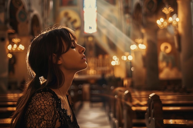 Foto retrato de una joven orando en la hermosa iglesia