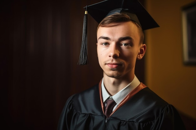 Retrato de un joven orgulloso con su toga de graduación creado con inteligencia artificial generativa
