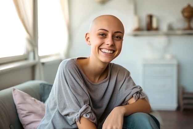 Retrato de un joven paciente de cáncer positivo sentado en la sala de estar sonriendo