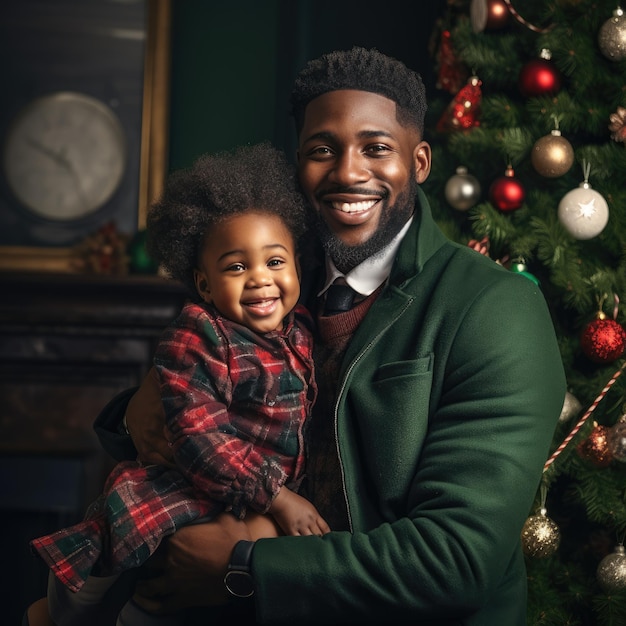 Retrato de un joven padre afroamericano sonriente con un niño pequeño jugando vacaciones el día de Año Nuevo Un padre y un niño étnicos felices disfrutando de la celebración de las vacaciones de invierno de Navidad cerca del árbol de Navidad