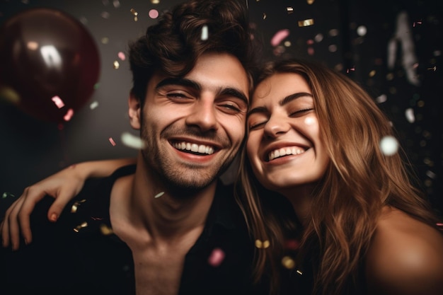 Retrato de una joven pareja feliz divirtiéndose en una fiesta creada con IA generativa