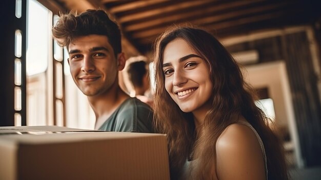 Retrato de una joven pareja feliz mudándose a casa juntos llevando una caja de cartón