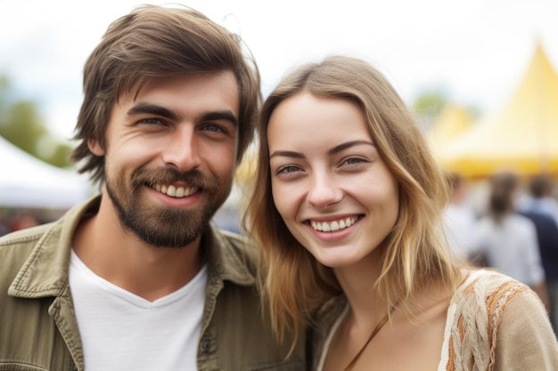Retrato de una joven pareja feliz pasando el día en un evento al aire libre creado con ai generativo