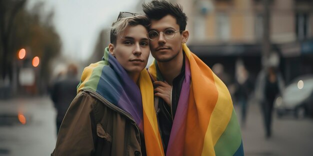 Retrato de una joven pareja gay abrazándose y mostrando su amor con la bandera del arco iris en la calle Concepto LGBT y amor AI generativa