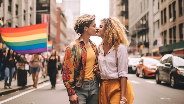 Retrato de una joven pareja gay lesbiana abrazándose y mostrando su amor con la bandera del arco iris en la calle