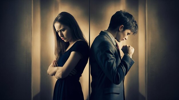 Retrato de una joven pareja infeliz y enojada de espaldas hacia atrás sin hablar entre sí después de un ar