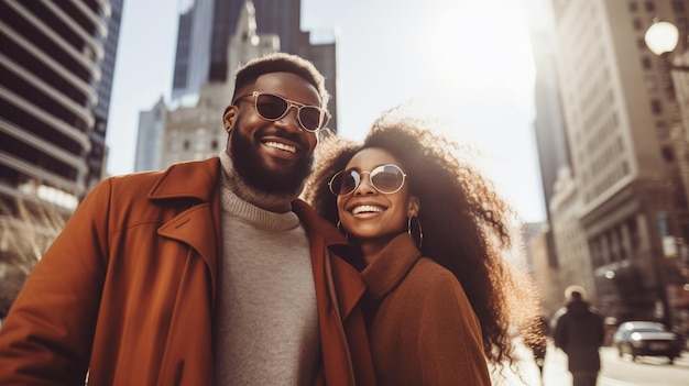 Retrato de una joven pareja negra feliz y sonriente disfrutando de un paseo por la ciudad soleada