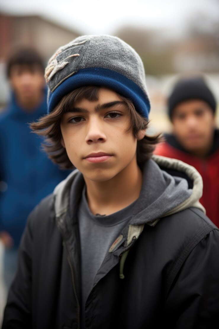 Retrato de un joven patinador confiado con sus amigos en el fondo creado con ai generativo